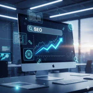 A computer screen displaying search engine optimization analytics and growth charts, illustrating how SEO helps businesses understand their audience and improve website performance.