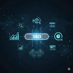 Digital illustration showing SEO optimization concepts like analytics, website ranking, and online marketing growth.”